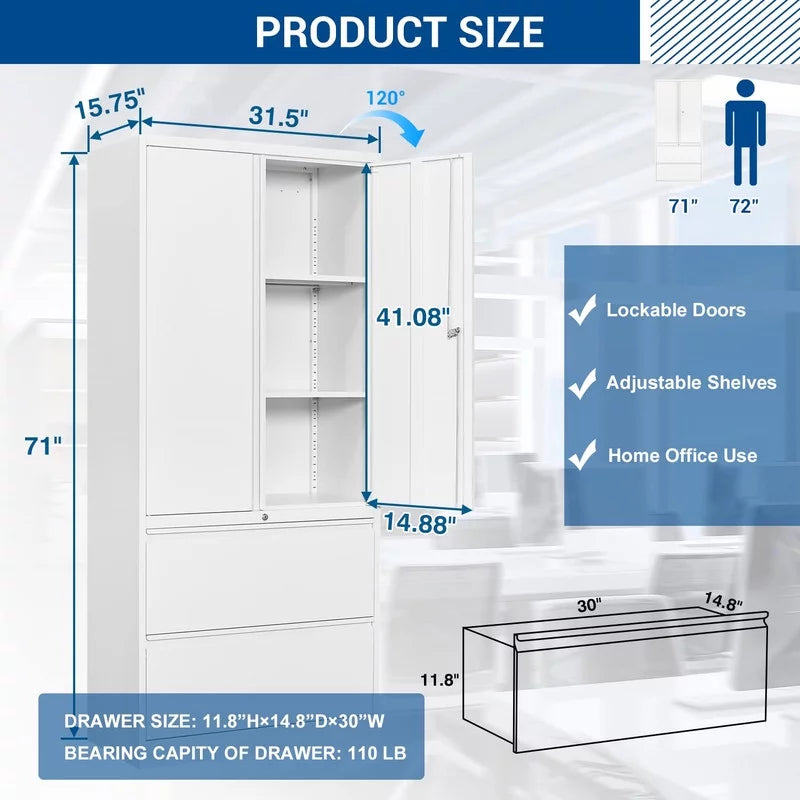 Lateral File Cabinet with Lock, 2 Drawer Steel Storage Cabinet H795