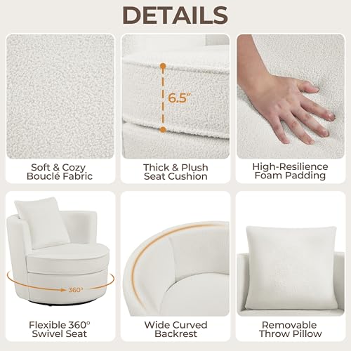 White Boucle Swivel Accent Chair with Throw Pillow G104