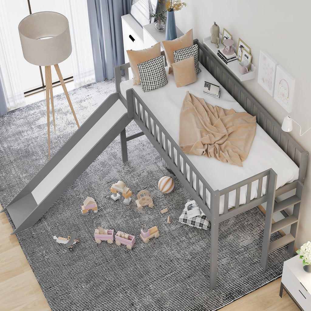 Wood Twin Loft Bed with Ladder and Slide, Gray Y5887