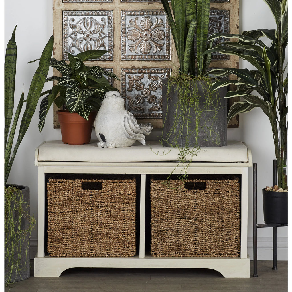 White Wood Storage Bench with Cushion Seat Y79002