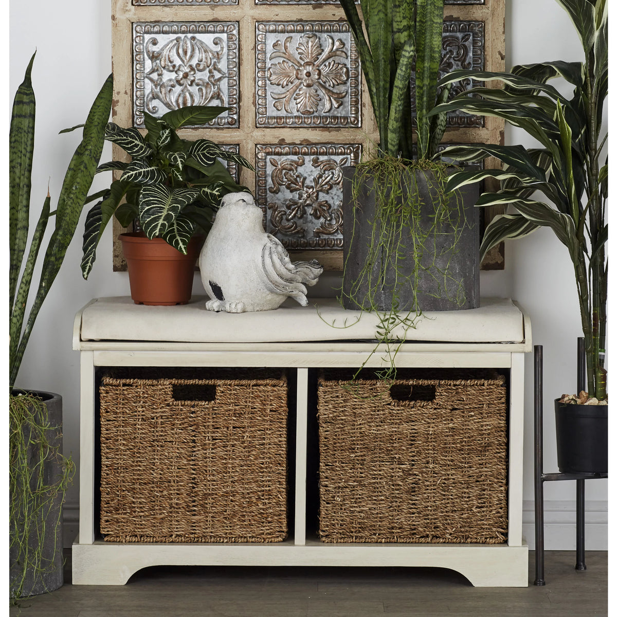 White Wood Storage Bench with Cushion Seat Y79002