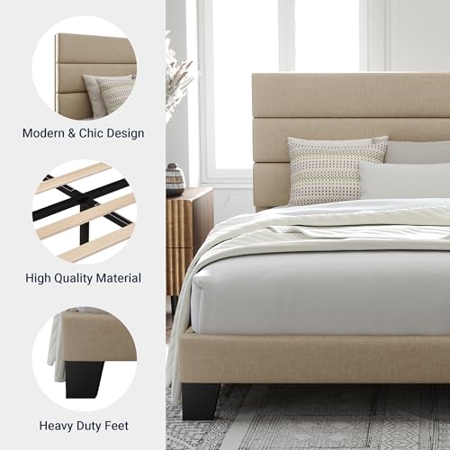 Queen Size Fabric Upholstered Platform Bed Frame with Wooden Slats U173