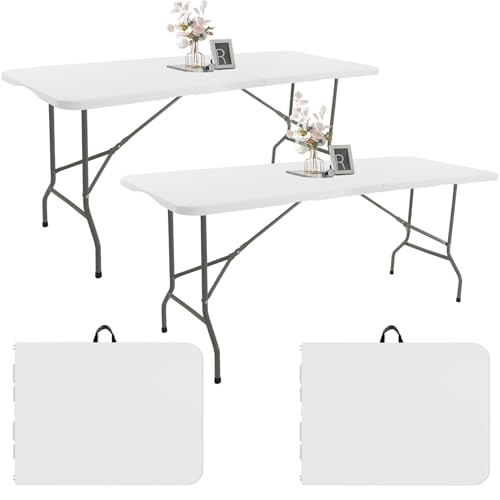 2 Pack 6 FT White Folding Plastic Table with Carrying Handle V46731