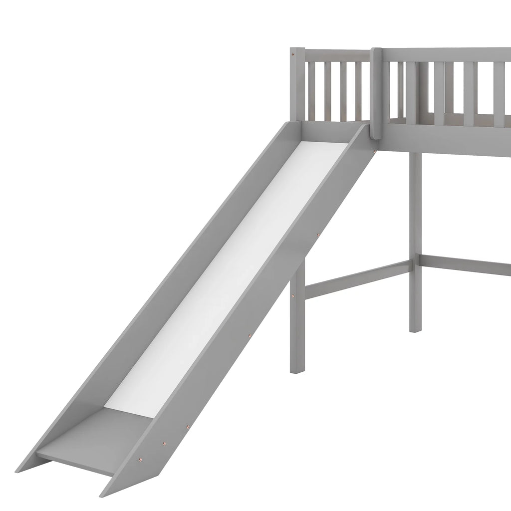 Wood Twin Loft Bed with Ladder and Slide, Gray Y5887