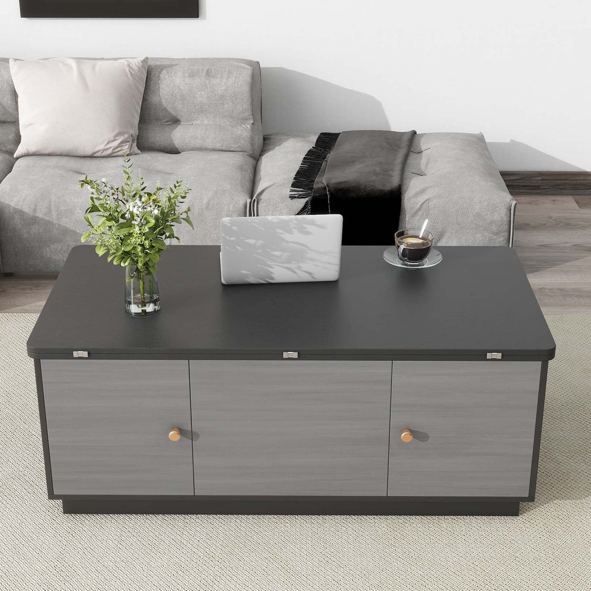 Gray Lift-top Coffee Table with 2 Storage Cabinets N52935