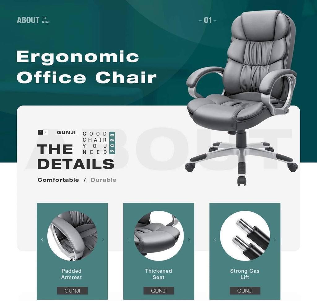 Gray High Back Leather Office Chair with Lumbar Support P61366