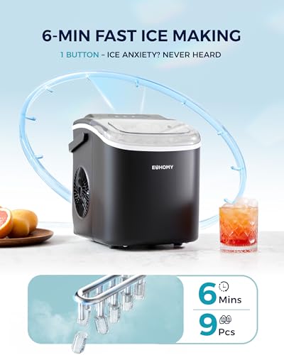 Countertop Ice Maker Machine with Handle, 26lbs in 24Hrs, 9 Ice Cubes Ready in 6 Mins, Auto-Cleaning Portable Ice Maker with Basket and Scoop (Black) C27627