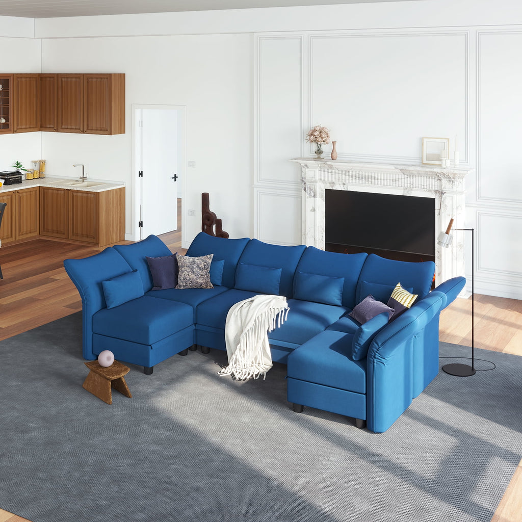 Blue Velvet U Shaped Modular Sectional Sofa with Storage Chaise V8689