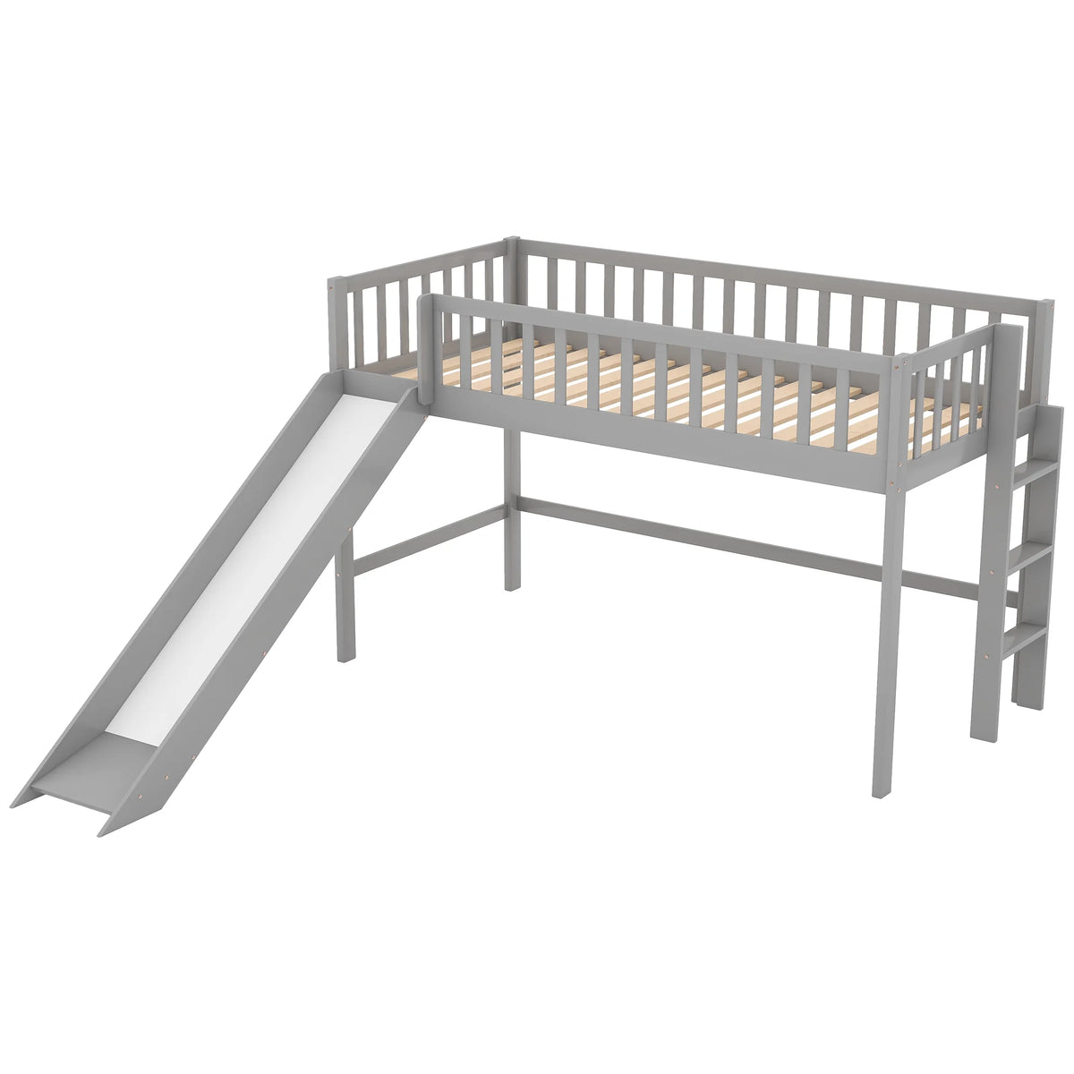 Wood Twin Loft Bed with Ladder and Slide, Gray Y5887