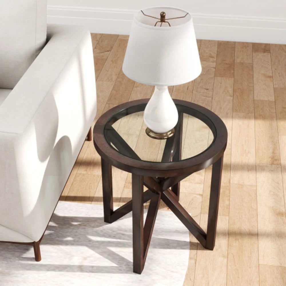 Round Tempered Glass Coffee Table with Solid Wood Base O21116