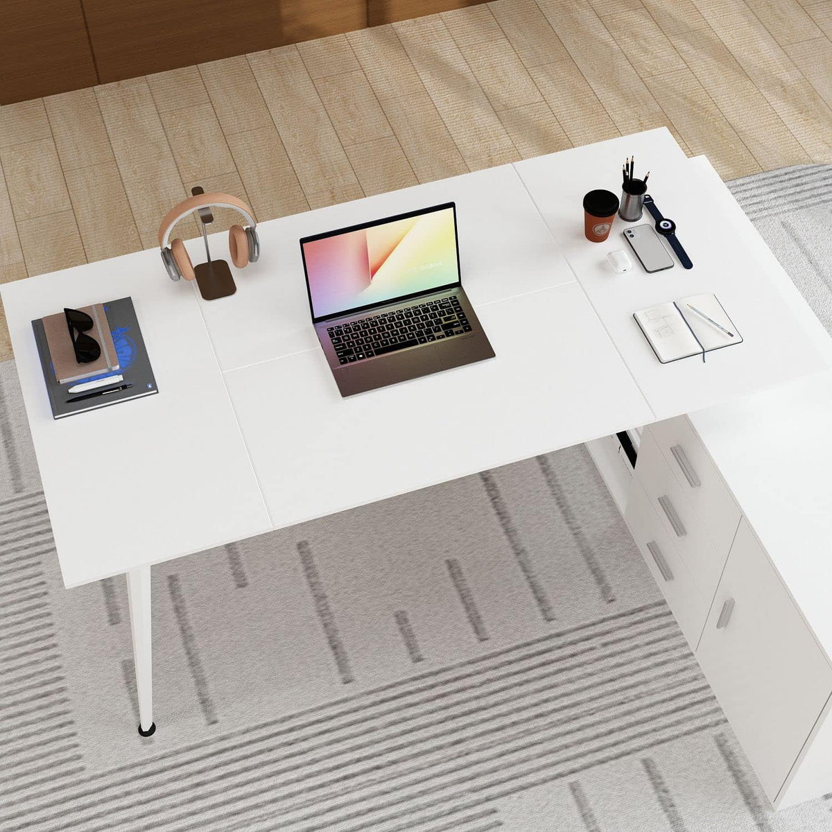 White L-Shaped Desk with 3 Drawers and Shelves A70408