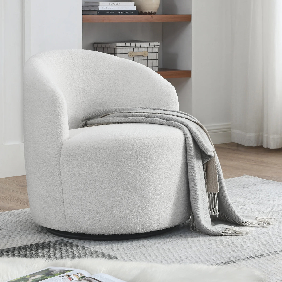 Swivel Barrel Chair with Round Storage Teddy Fabric Upholstery W5146
