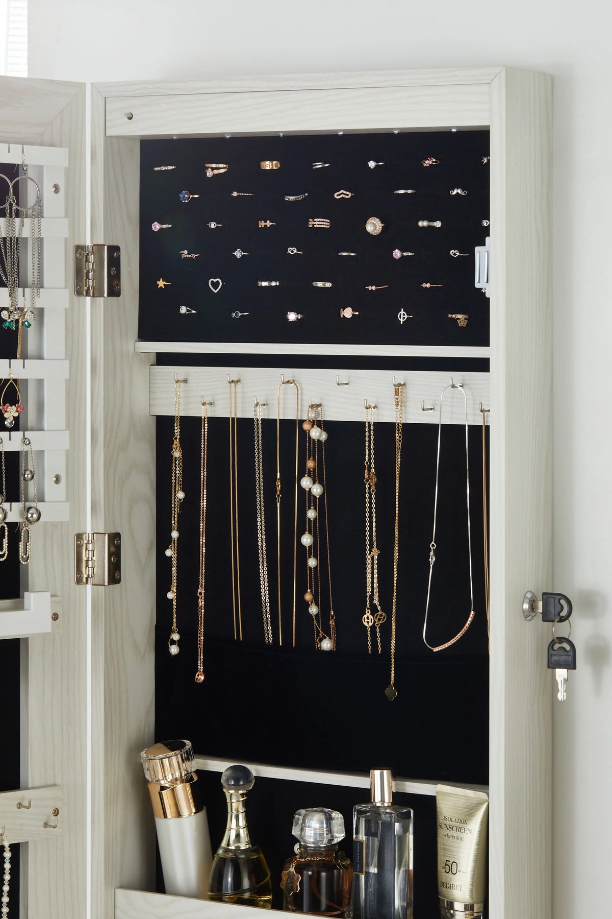 White Wall-Mounted Jewelry Cabinet with LED Lights N892