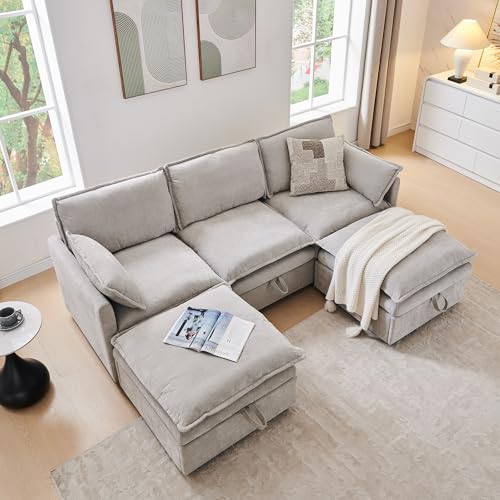 Beige White Chenille L-Shape Sectional Sofa with Ottoman X4405