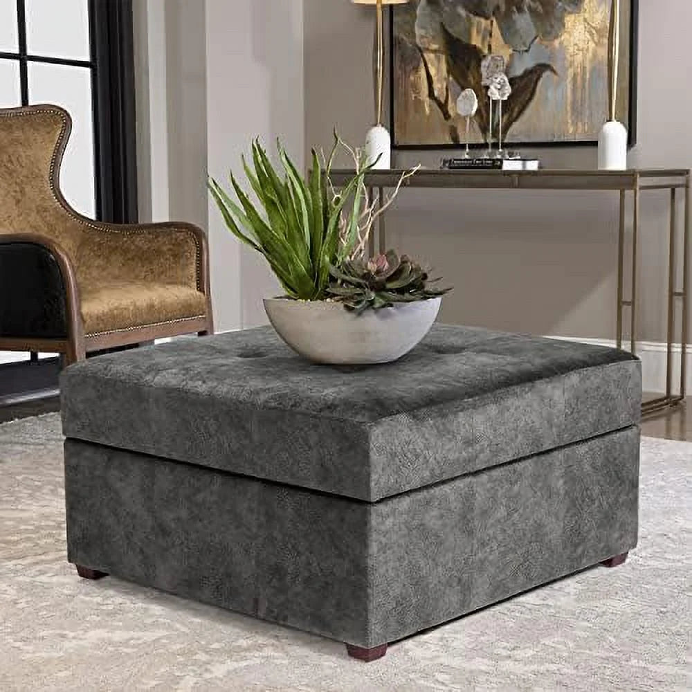 Square Upholstered Tufted Ottoman with Nailhead Trim Wood Legs M491