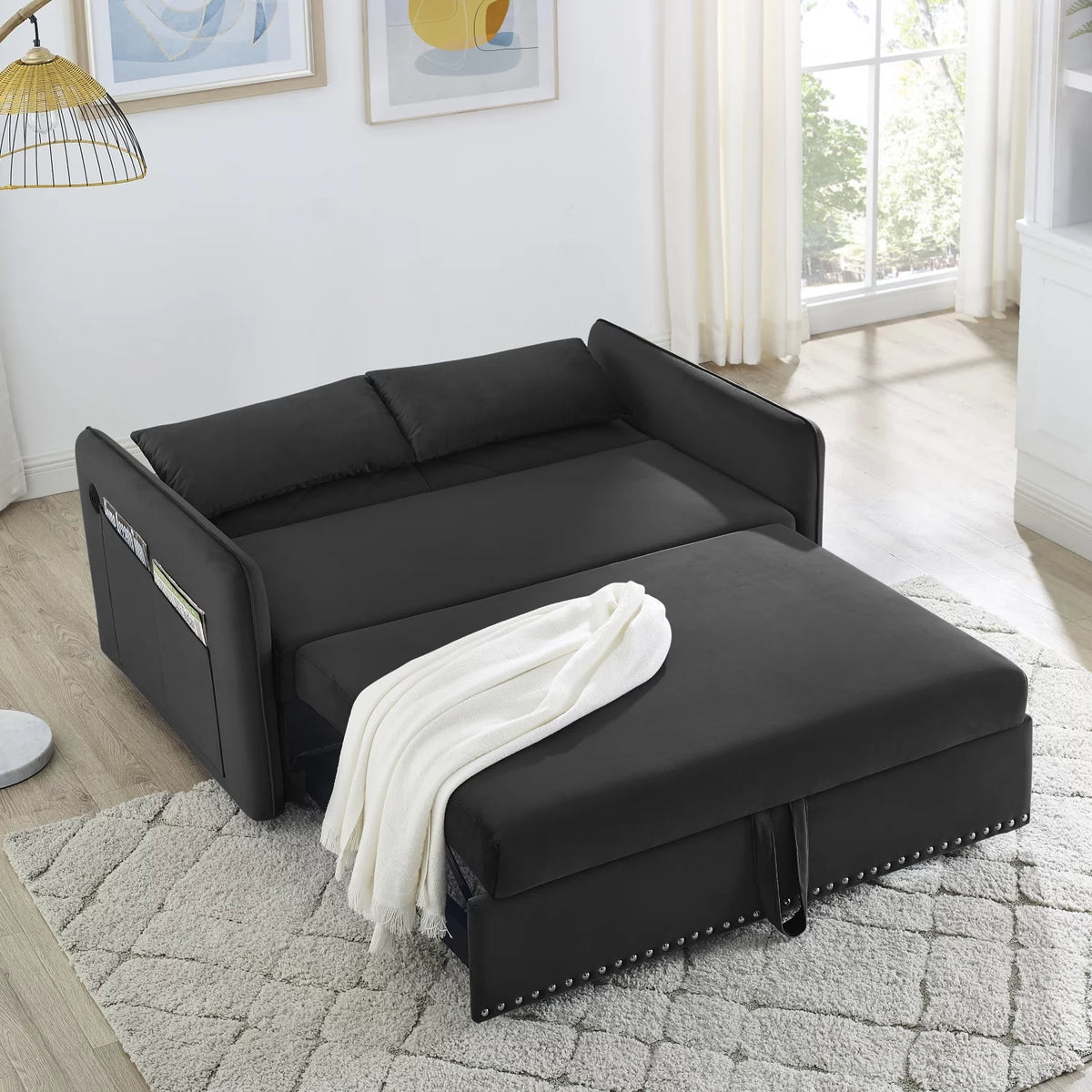 Black Velvet Pull-out Sofa Sleeper Y95492