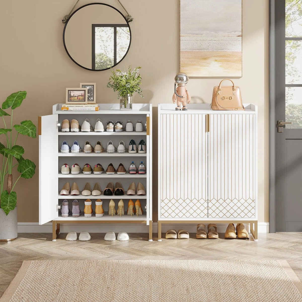 White and Gold 25 Pairs 5-Tier Shoe Cabinet D5075