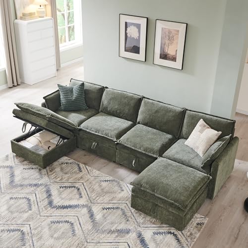 Beige White Chenille L-Shape Sectional Sofa with Ottoman X4405
