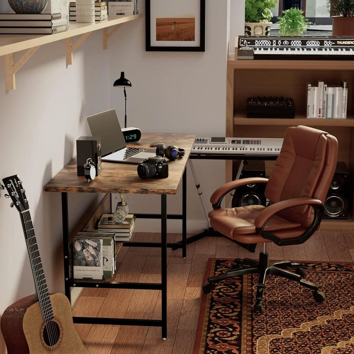 55" Wood Office Desk with Metal Legs and Book Shelf P936281