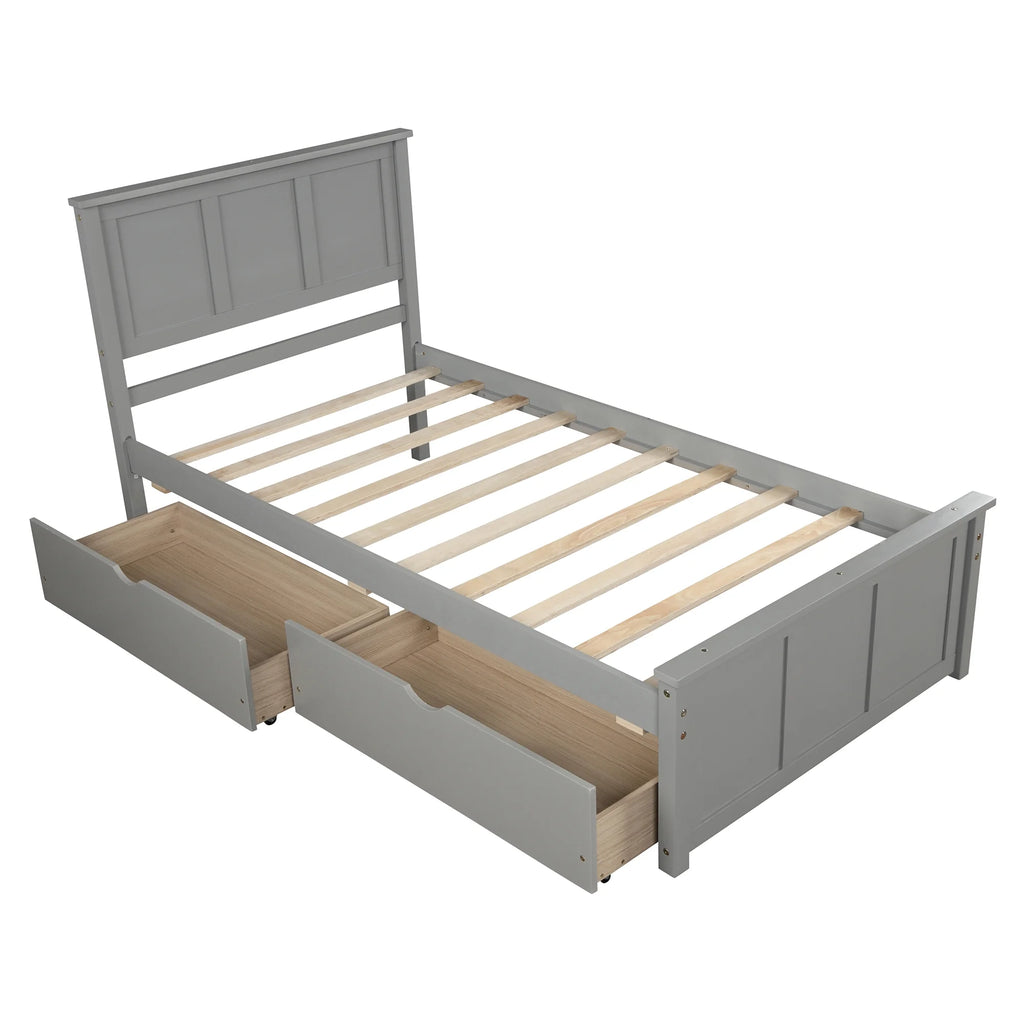 Twin Size Wood Platform Bed with Storage and Headboard D156