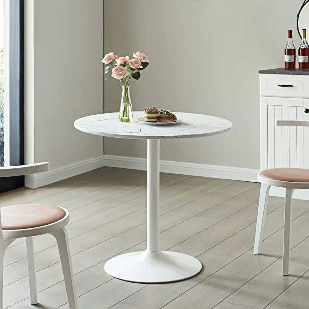 White Round Dining Table with Faux Marble Top E9976