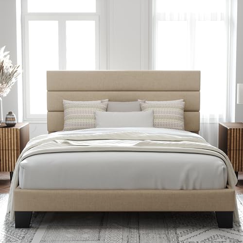 Queen Size Fabric Upholstered Platform Bed Frame with Wooden Slats U173