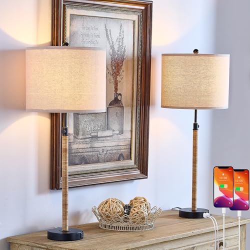Rattan Buffet Table Lamp Set of 2 Adjustable with USB Ports H8098