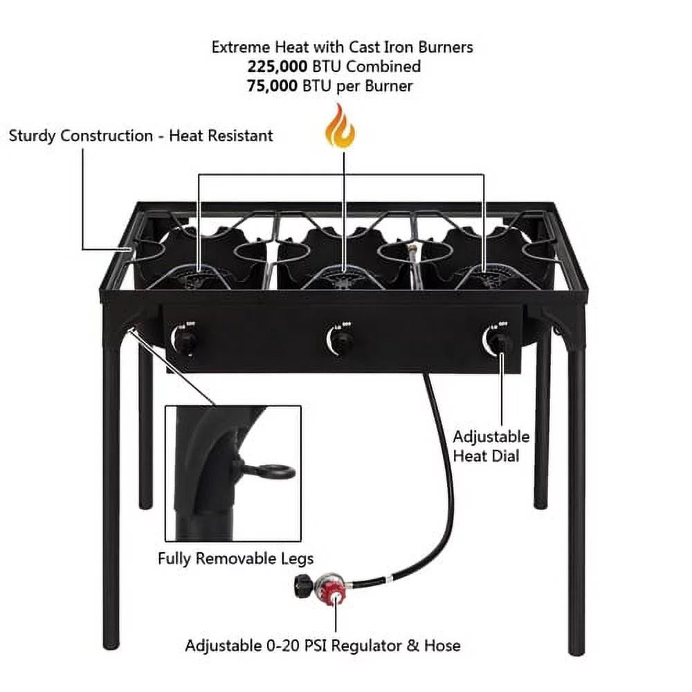 Black Portable 3 Burner Propane Cooker T64936
