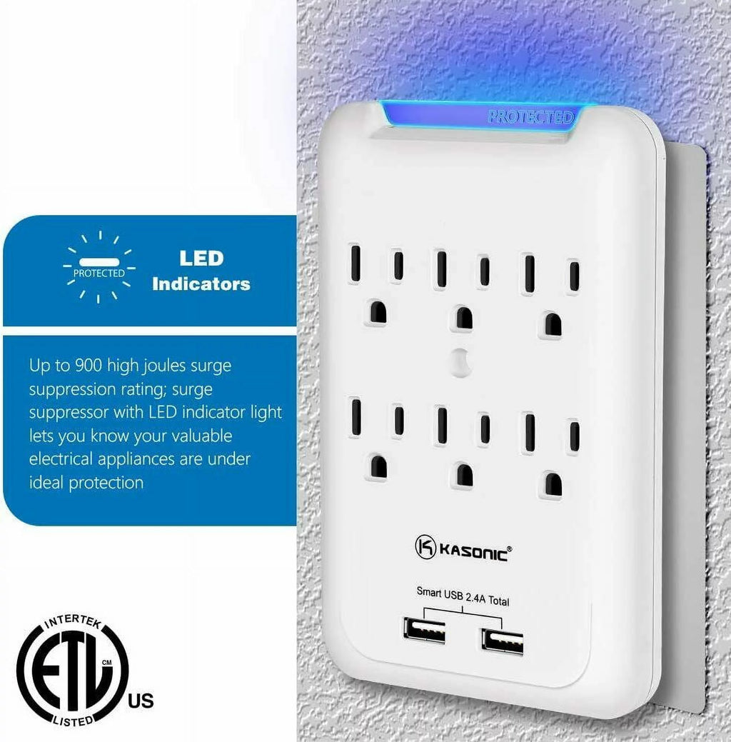 6-Outlet Wall Mount Surge Protector 2 Pack, 900 Joules with 2 USB Charging Ports C80785