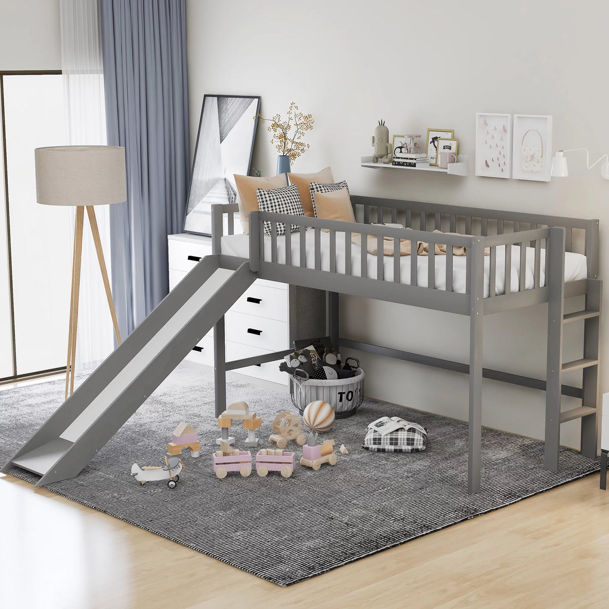 Wood Twin Loft Bed with Ladder and Slide, Gray Y5887