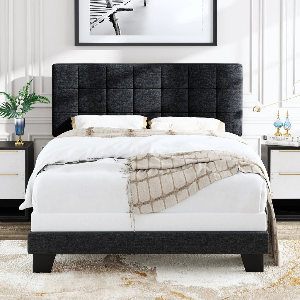 Queen Size Grey Upholstered Panel Platform Bed Frame V7536