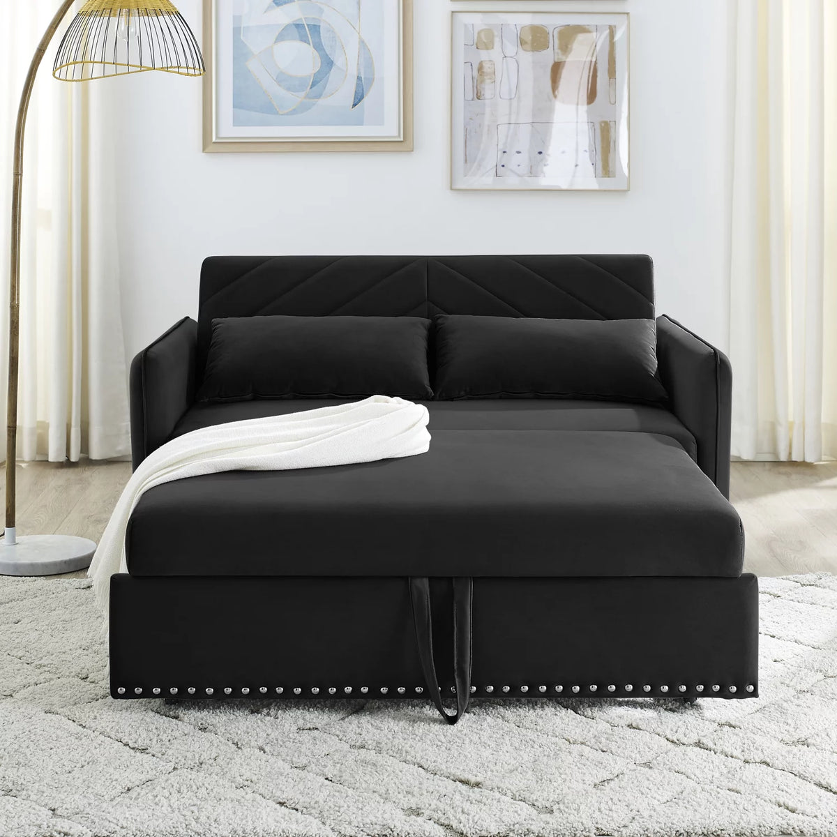 Black Velvet Pull-out Sofa Sleeper Y95492