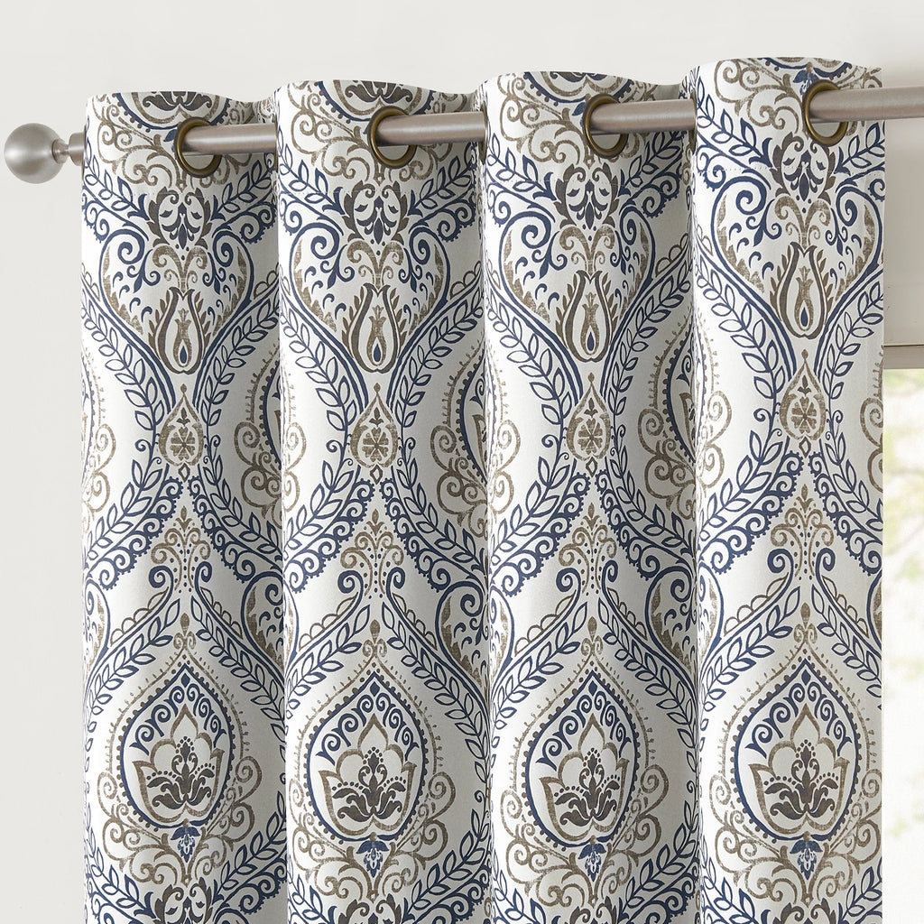 100% Blackout Blue Damask Medallion Curtains 96 in 2 Panels J956695