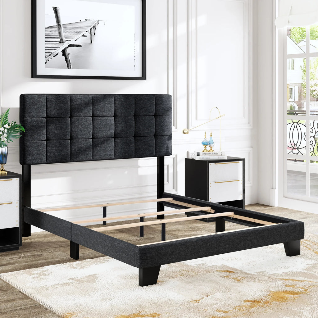 Queen Size Grey Upholstered Panel Platform Bed Frame V7536