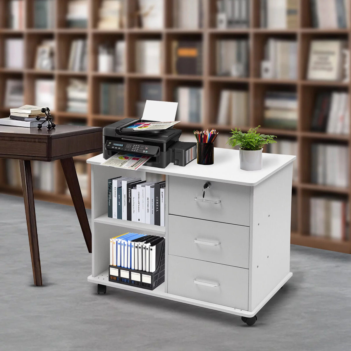 Rolling Printer Stand Mobile File Cabinet with Drawers and Open Storage Shelves B278