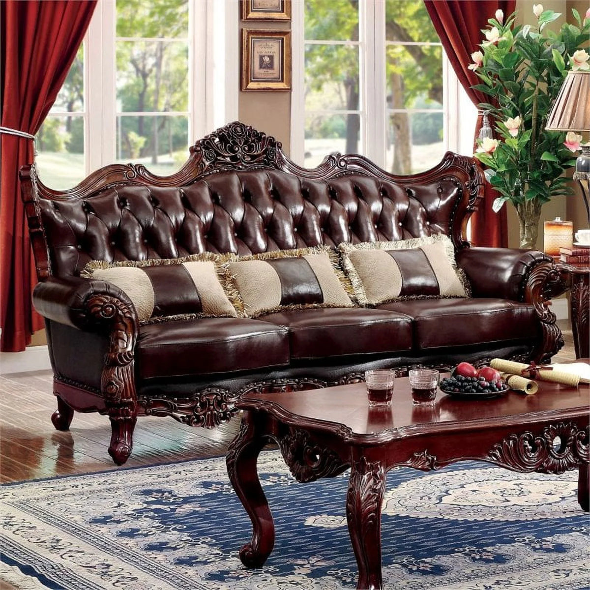 Dark Oak Top Grain Leather Tufted Sofa V184