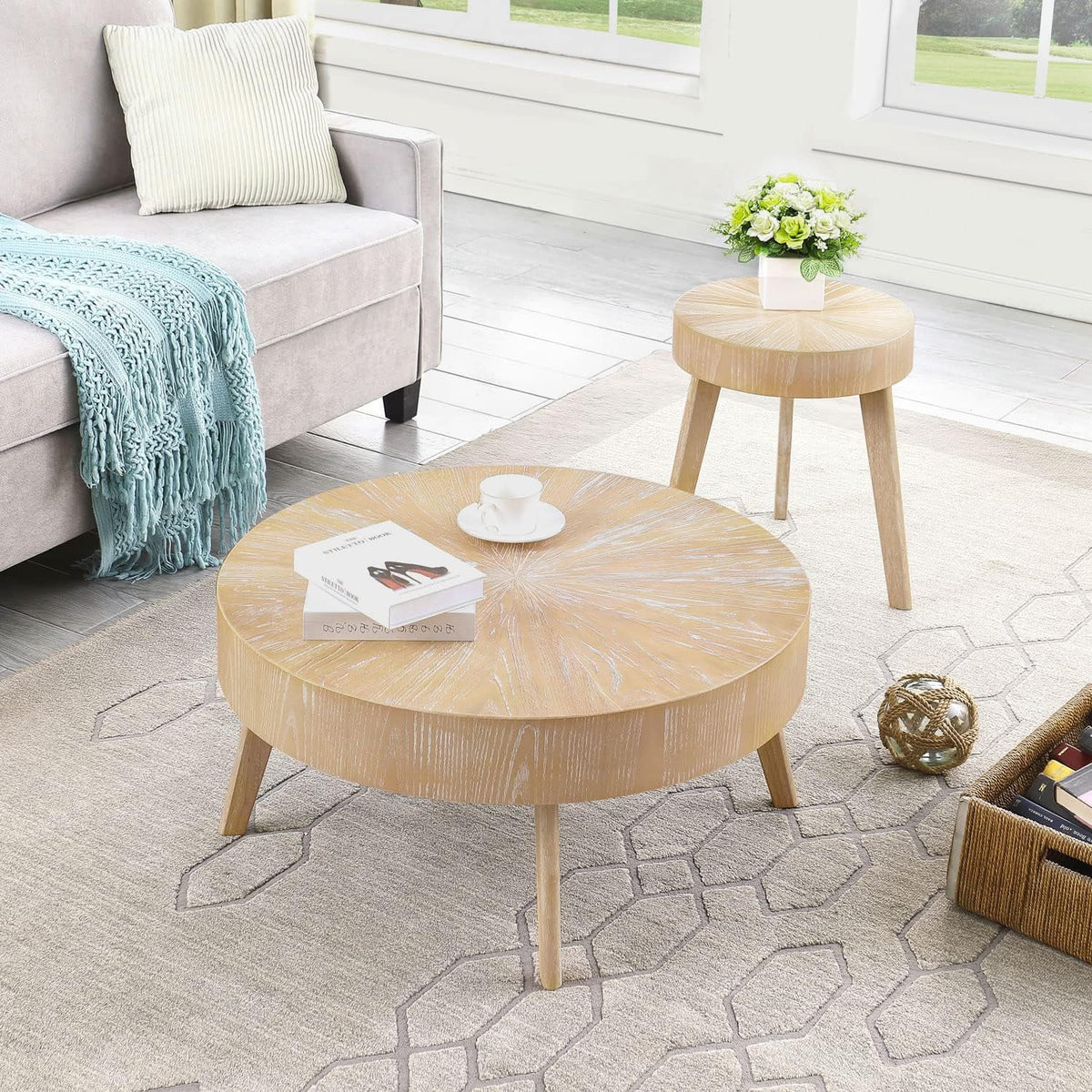 Round Solid Wood Coffee Table Set of 2 D822607