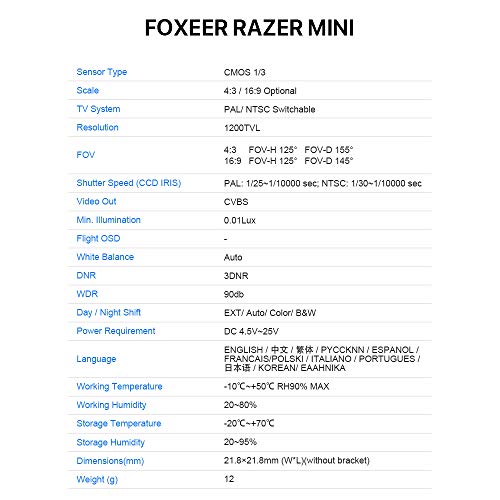 FPV Camera 1/3 CMOS 5MP 2.1mm Lens 1200TVL Switchable I218796