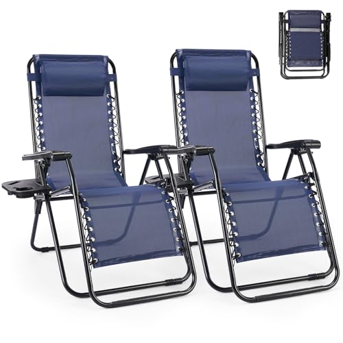 Set of 2 Blue Zero Gravity Lounge Chairs with Pillow and Cup Holder H281