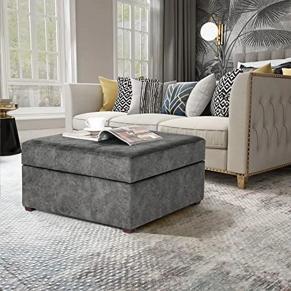Square Upholstered Tufted Ottoman with Nailhead Trim Wood Legs M491
