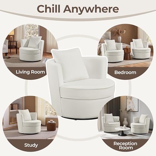 White Boucle Swivel Accent Chair with Throw Pillow G104
