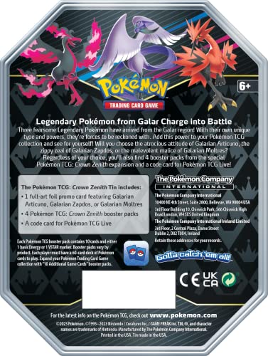 Pokémon TCG Crown Zenith Tin Galarian Zapdos 5 Booster Packs H902