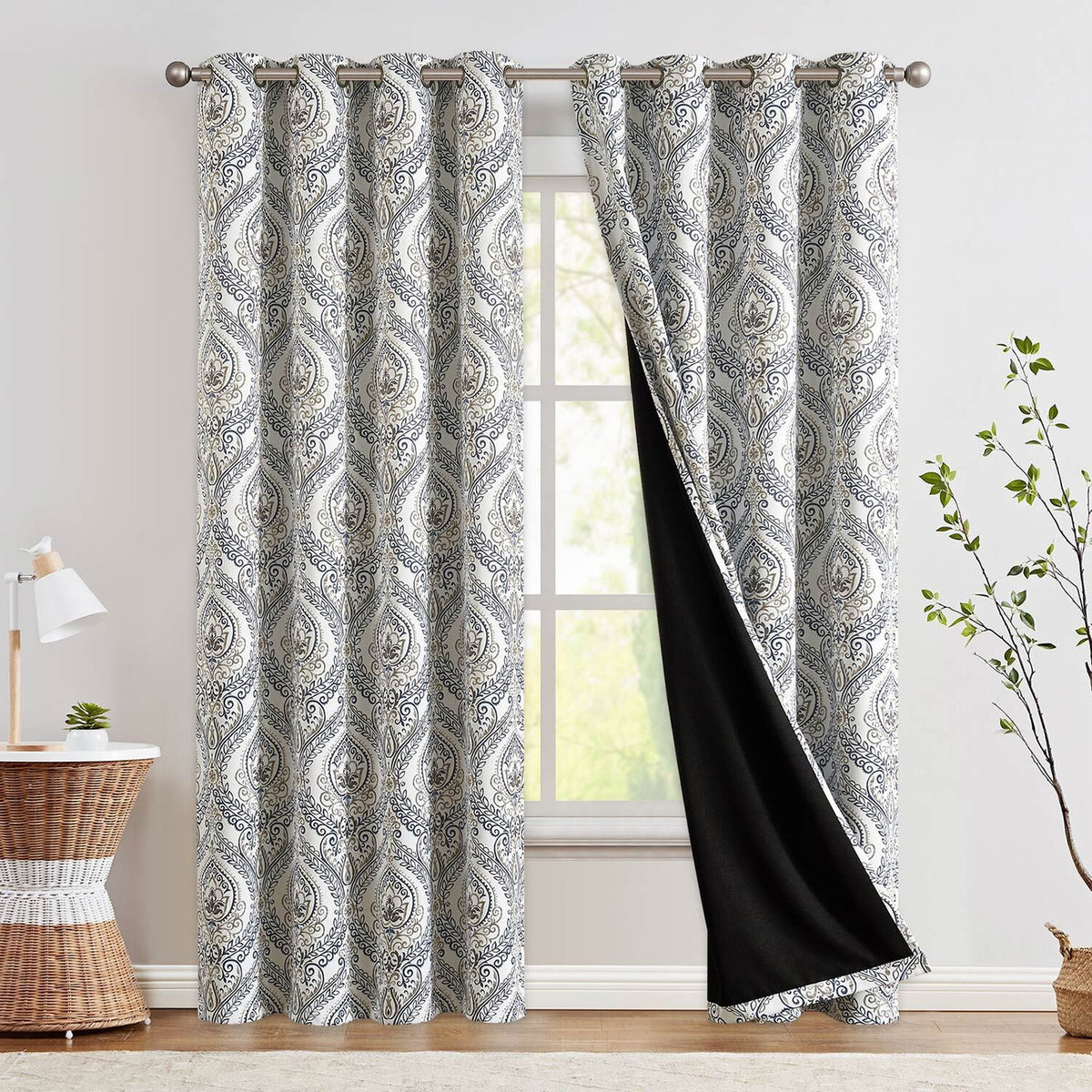 100% Blackout Blue Damask Medallion Curtains 96 in 2 Panels J956695