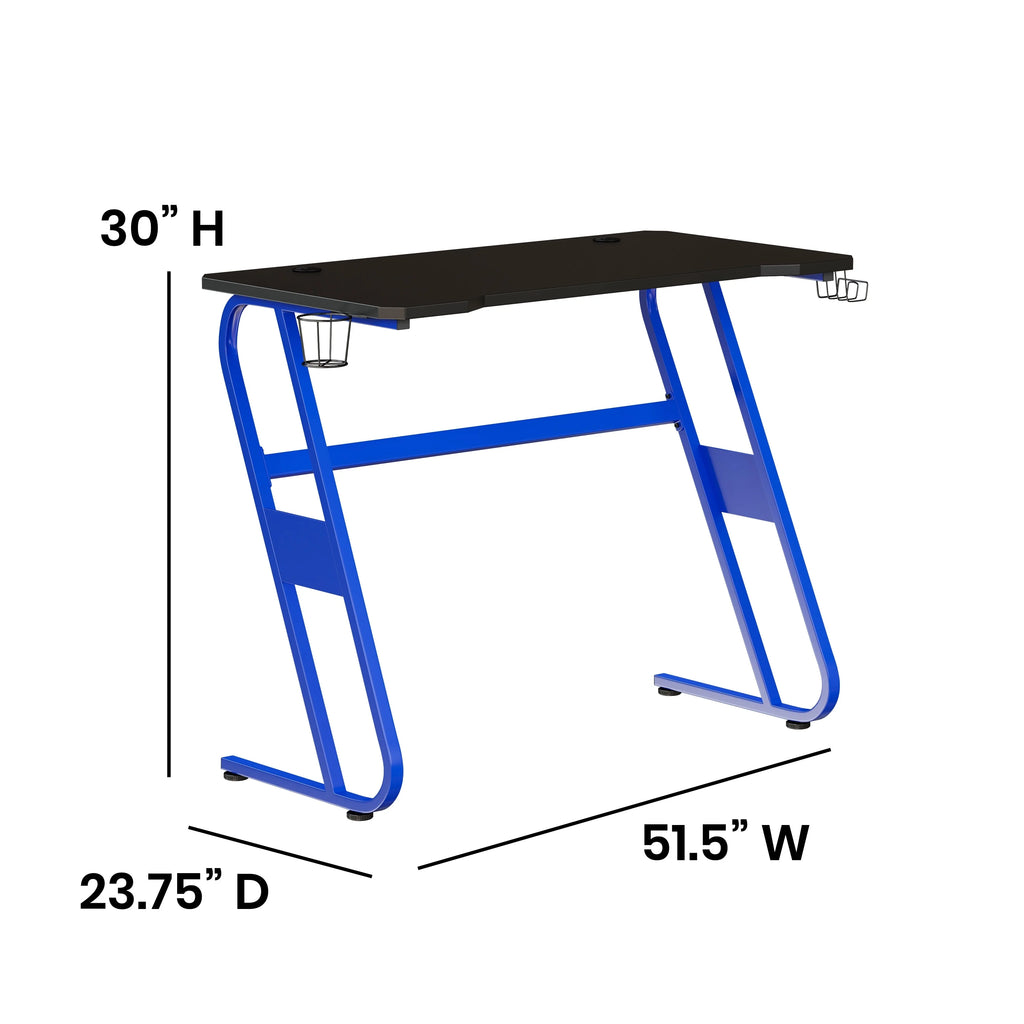 Blue Ergonomic Gaming Desk with Cup Holder and Headphone Hook N1764