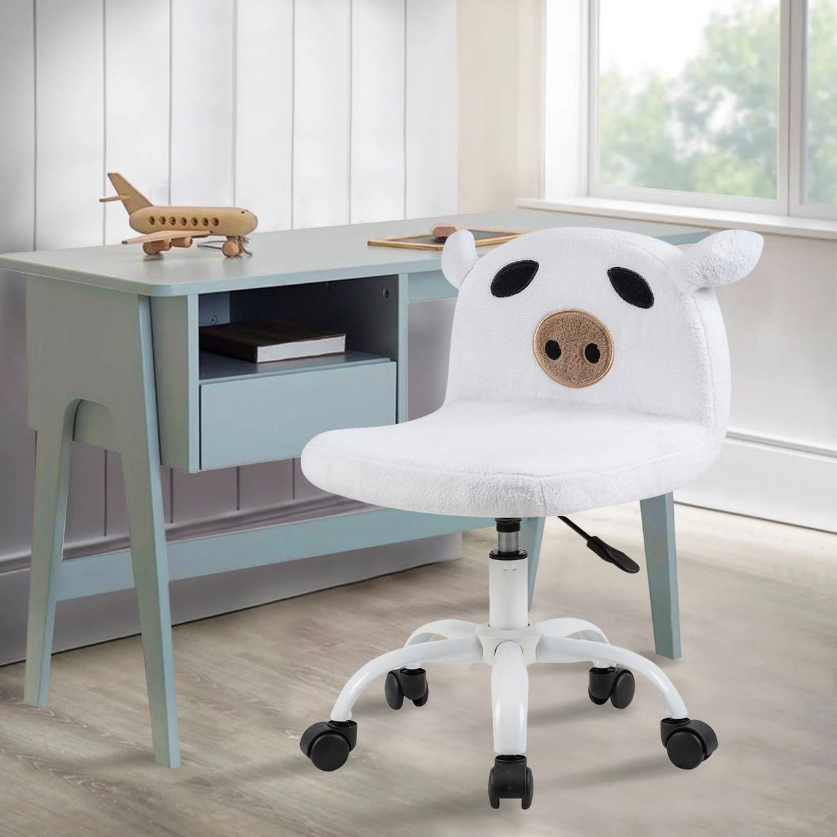 White Fuzzy Adjustable Armless Swivel Rolling Desk Chair M346