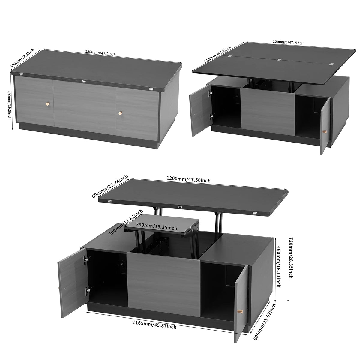 Gray Lift-top Coffee Table with 2 Storage Cabinets N52935