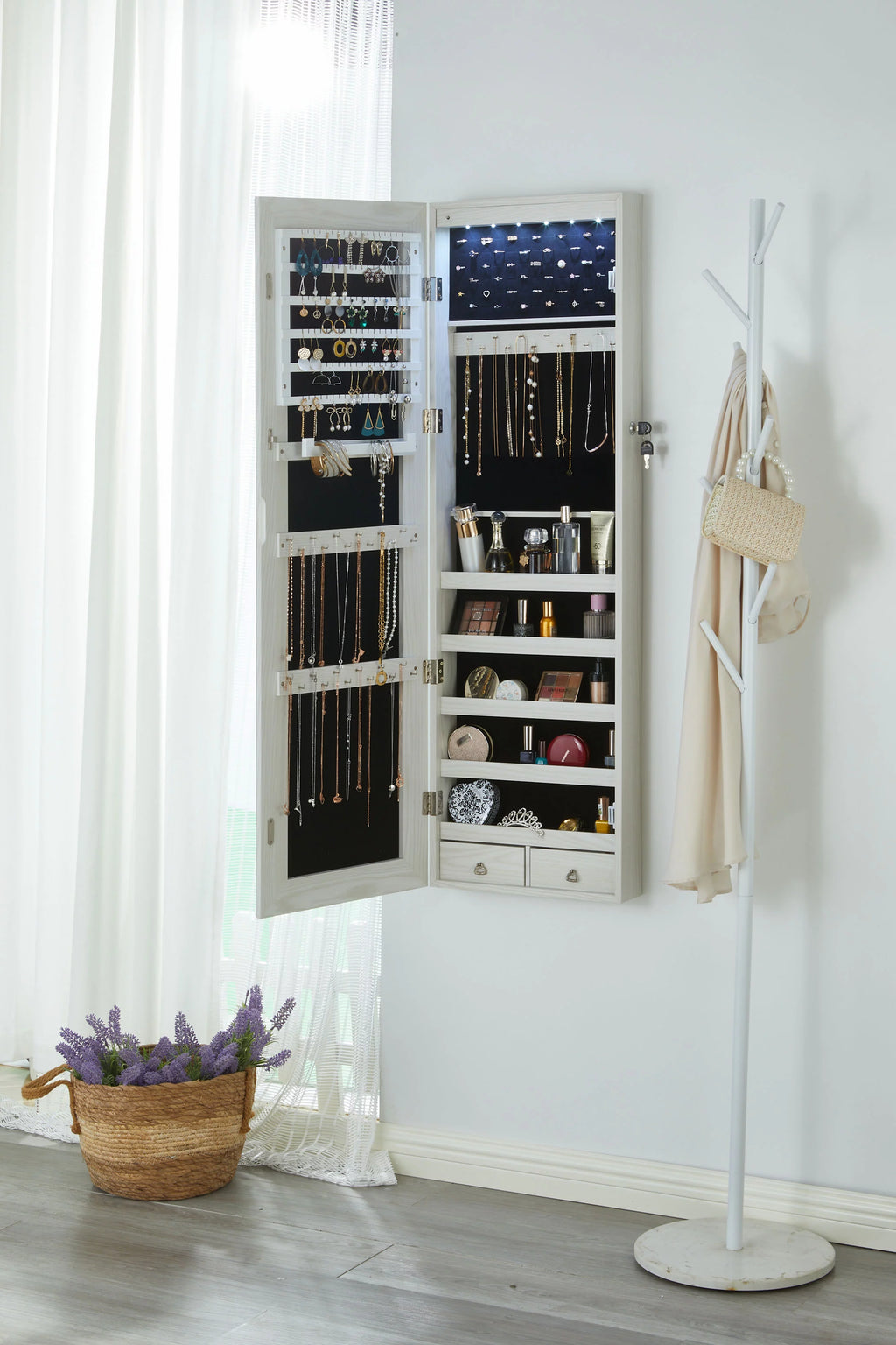 White Wall-Mounted Jewelry Cabinet with LED Lights N892