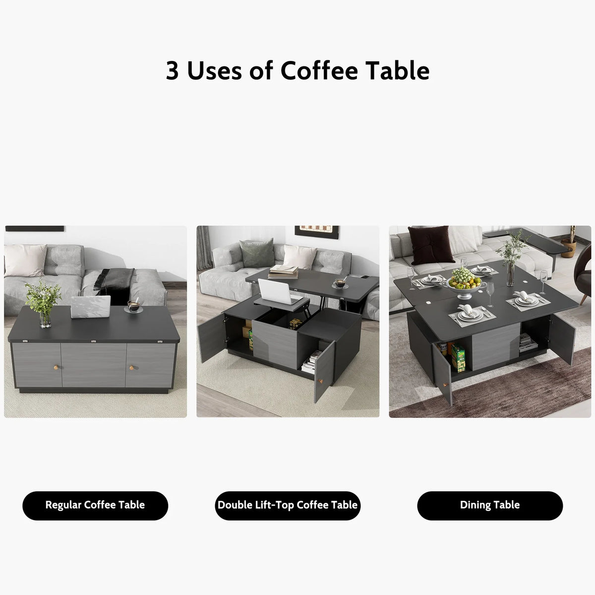 Gray Lift-top Coffee Table with 2 Storage Cabinets N52935