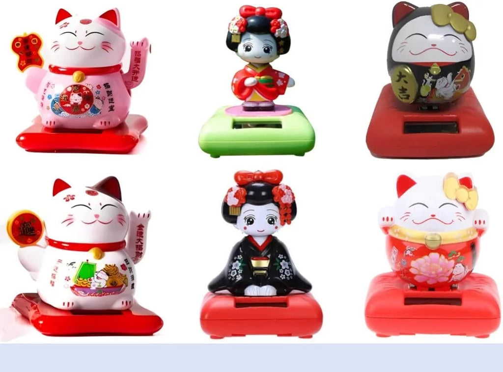 Solar Powered Dancing Toy Lucky Cat Waving Arm Maneki Neko 3 inch Set of 6 T30874