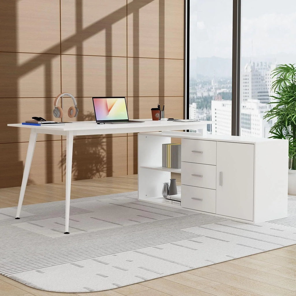 White L-Shaped Desk with 3 Drawers and Shelves A70408